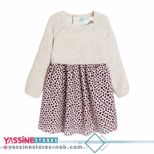 Baby girl's beige leopard knit and velvet 2-in-1 dress